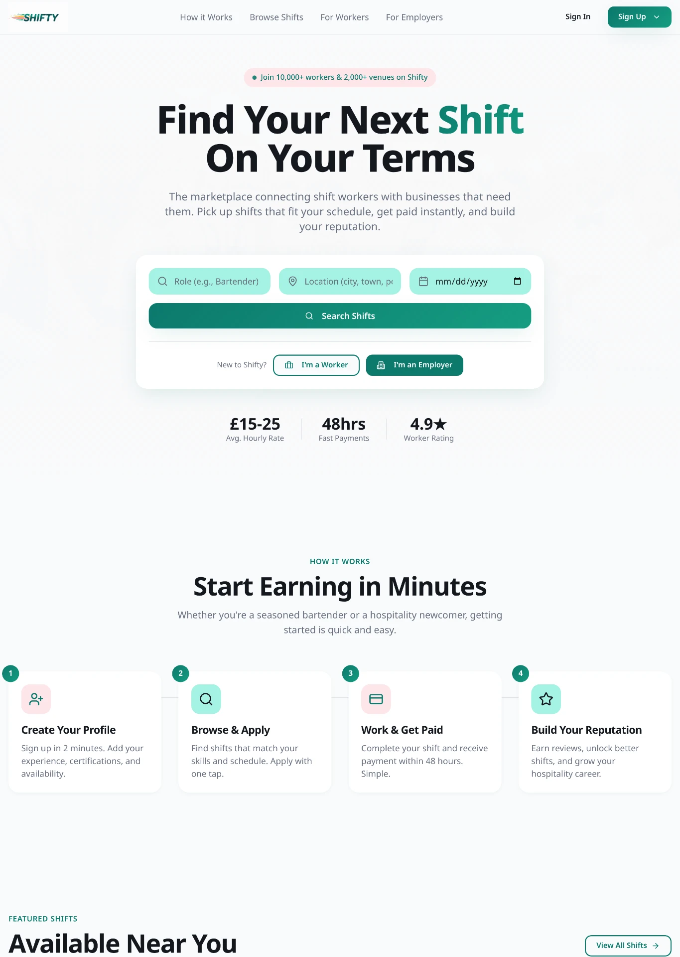 Shifty app — home screen